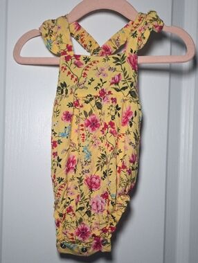 Posh Peanut Yellow Floral Ruffle-Strap Overall Romper